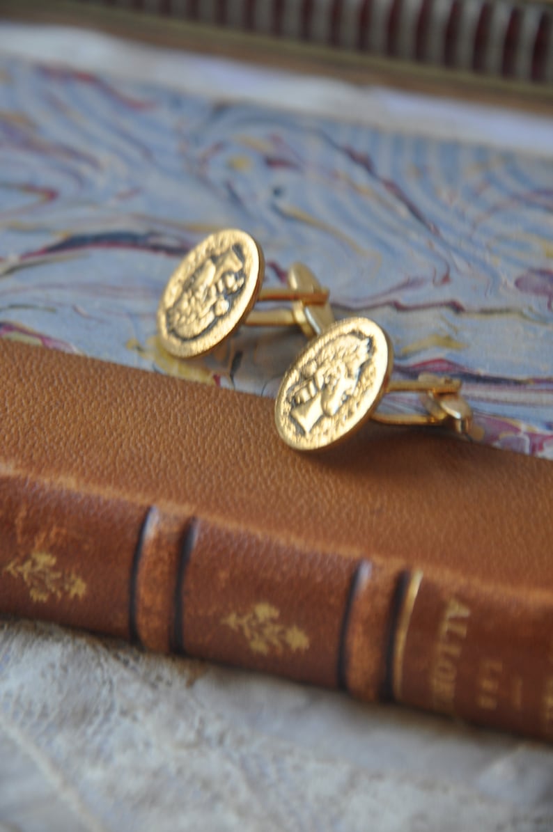 Vintage Greek Coin 1960s Mid-Century Vintage Gold-Tone Greek Coin Cuff Links Athena Cufflinks