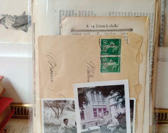 Lote de objetos efímeros franceses antiguos: 35 piezas, libro de contabilidad, postales, fotos, artículos para diarios creativos.