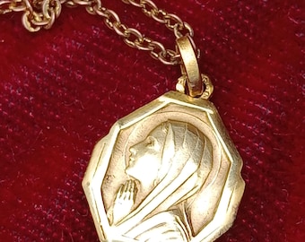Antique French St. Therese Medallion Necklace - 1900 Gold Plated Pendant Necklace