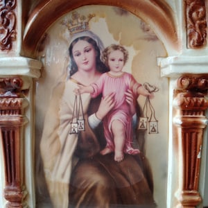 Vintage Spanish Shrine, Icon, Religious Shrine, Painted Ceramic, Reliquary, Reliquaire Crowned Virgin Mary, Catholic Christian