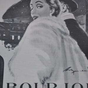 Cartel publicitario francés de Soir de Paris, póster de mediados de siglo de 1950, tocador, Bourjois, decoración de perfumes vintage, París, publicidad, arte de revistas