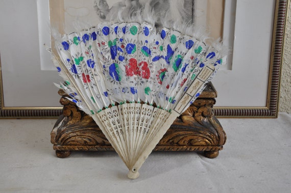 Antique White Feather Hand Fan, Edwardian Feather… - image 7