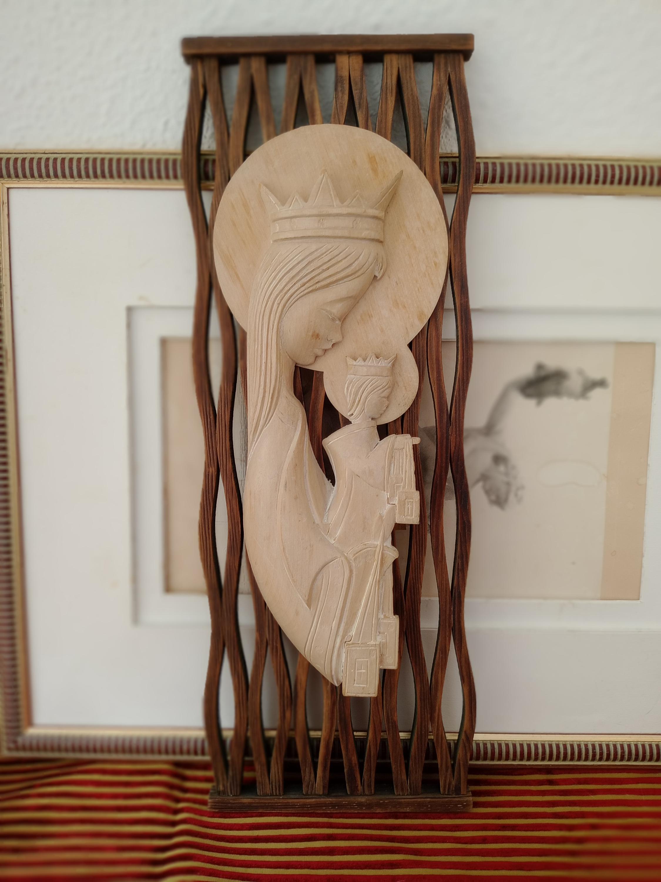 Large Vintage Spanish Virgin Mary Icon, 20 x 7" Religious Shrine, Carved Wooden Relic, Reliquary, Crowned Madonna, Catholic Christian