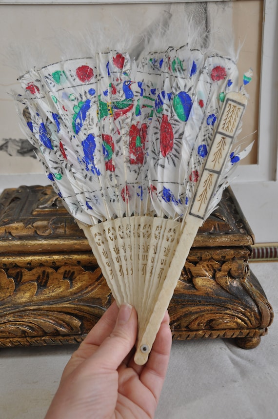 Antique White Feather Hand Fan, Edwardian Feather… - image 4