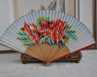 Gorgeous Vintage Asian Hand Fan, Red Ladies Hand Fan, Chinese Fan, Bamboo Sticks, Boudoir Asian Decor, Ladies Fan