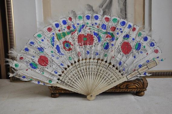 Antique White Feather Hand Fan, Edwardian Feather… - image 1