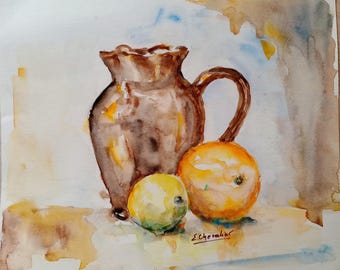 アンティーク　絵　水彩画　果物　antique フランス Charming Vintage French Watercolor Painting, Vintage Still
