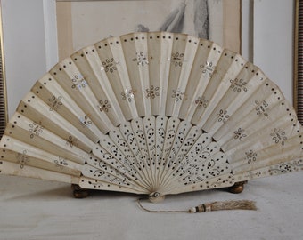 Antique Victorian French Sequins Fan, Edwardian Wedding,1900's Silver Sequins Fan, Carved Bone, Sparkles Fan, Paris Boudoir Decor, Wedding