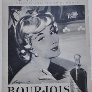 Manifesto pubblicitario francese Soir de Paris, 1950 Manifesto di metà secolo, Boudoir, Bourjois, Arredamento per profumi vintage, Parigi, Pubblicità, Arte per riviste