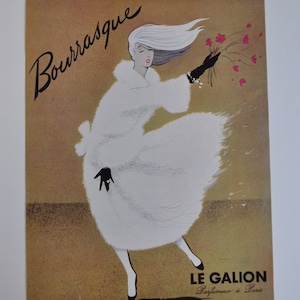 Manifesto pubblicitario francese d'epoca degli anni '50, rosso, Le Galion, manifesto vintage di profumo, decorazioni per profumi, pubblicità francese, arte di riviste d'epoca