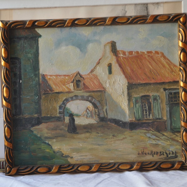 Vintage Franse Olie op Canvas Schilderij, Art Deco Franse schilderkunst, Country Landscape, Gold Frame, Ingelijste Muur Kunst, Frans Country Decor