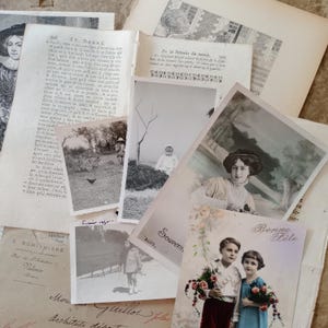Antique French Junk Journal Paper Lot, Papers from 1700s, Ledger, 1830s, 1860s Edwardian Postcards, Victorian Ephemera