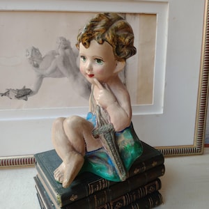 Large Vintage Angel, Handpainted Cupid, Cutie Pie Face, Icon, Plaster Statue, Plaster, Catholic Christian, 1980s, Spanish Angel, Prayer
