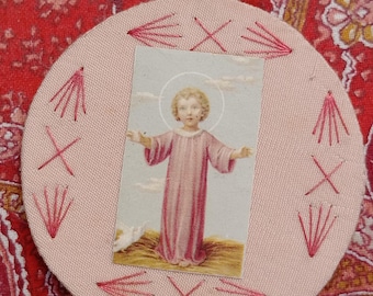 Medalla colgante de Jesucristo, reliquia francesa antigua Ex Voto, rosa y roja.