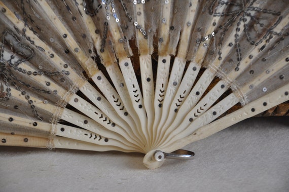 Antique Edwardian French Fan, Sequins Sparkles, C… - image 4
