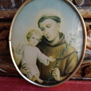 Vintage French St Anthony of Padua, Gold Gilt Frame, Lithograph, Ex Voto, Christian, Made in France, Devotional