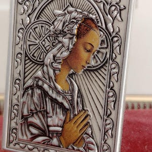 Vintage Italian Virgin Mary Icon, Devotiinal, Religious Shrine, Silver Metal and Glass Plaque, Reliquaire Crowned Madonna, Catholic Christi