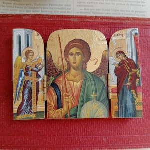Small Travel Vintage Italian Triptych Icon, Archangel Micheal, Wood Devotional, Carved Frame