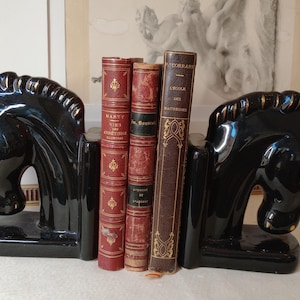 Charming Art Deco Black Horse Bookends, French Ceramic Bookends, Art Deco shelf tidies, Book lovers gift, Vintage bookends