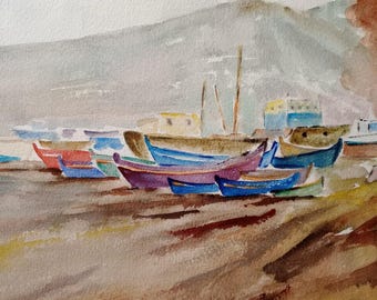 フランス　水彩画　ヴィンテージ 1970年代フランスの海景画：ヴィンテージ水彩画（16 x 12インチ