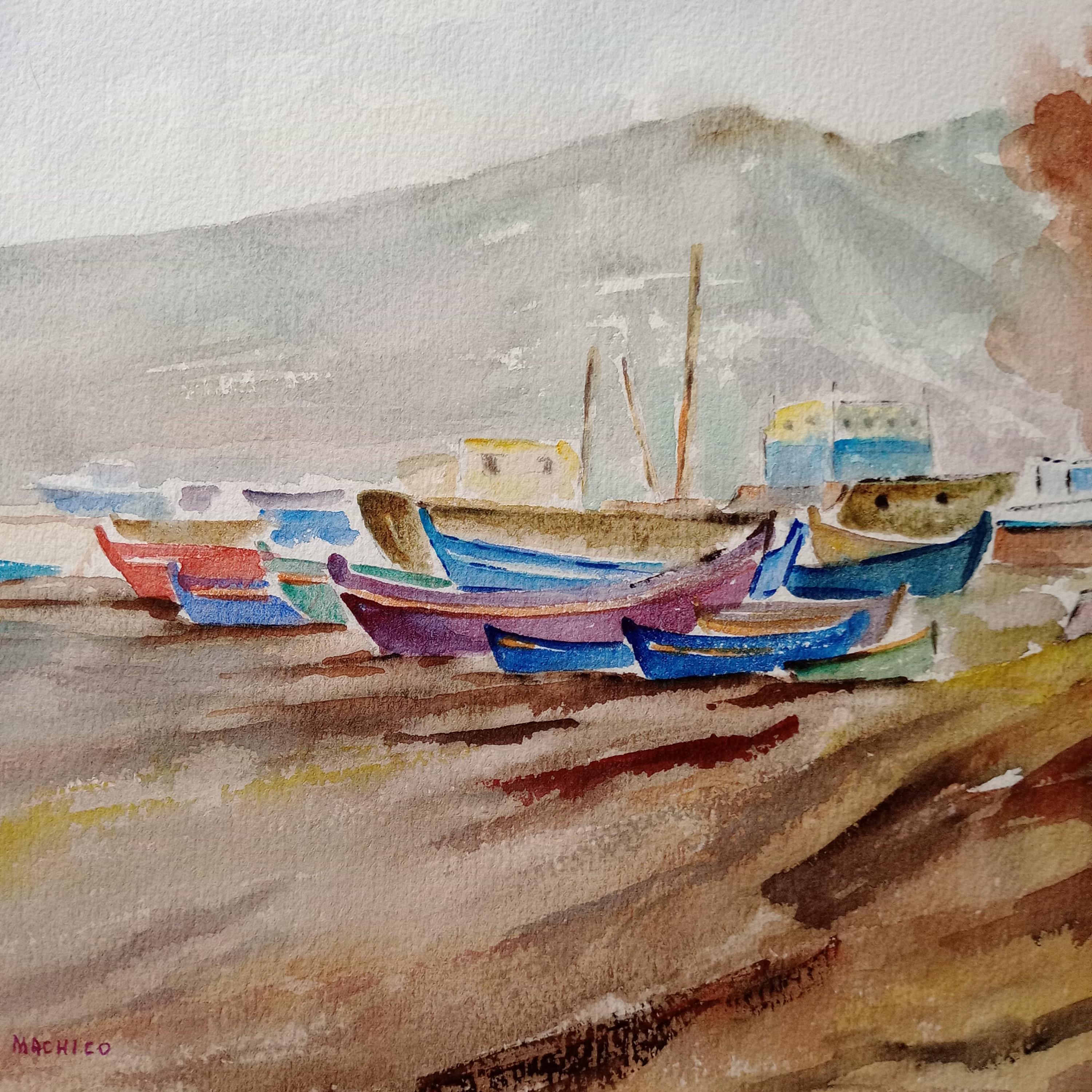 フランス　水彩画　ヴィンテージ 1970年代フランスの海景画：ヴィンテージ水彩画（16 x 12インチ