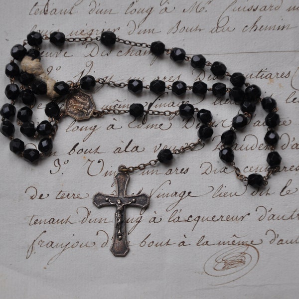 Antique French Black Glass Rosary, 1920s Glass Bead Prayer Beads, To be Repaired, Catholic Mary, Silver tone, Jesus Crucifix France