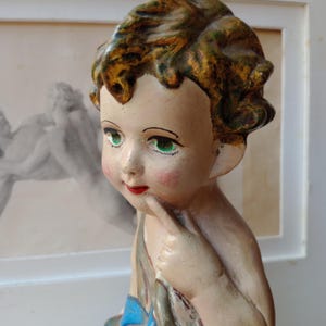 Large Vintage Angel, Handpainted Cupid, Cutie Pie Face, Icon, Plaster Statue, Plaster, Catholic Christian, 1980s, Spanish Angel, Prayer