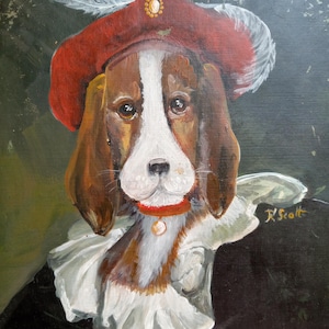 Vintage French Dog Oil Painting, Mid-Century French Art, Border Collie Lassie Dogs, Dog Art, Dog Picture, Oil  Signed, Made in France