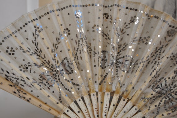 Antique Edwardian French Fan, Sequins Sparkles, C… - image 8