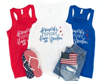 Royal Blue or Red Racerback Tank Top 4th of July Tank Top Fireworks and Freedom Shirt