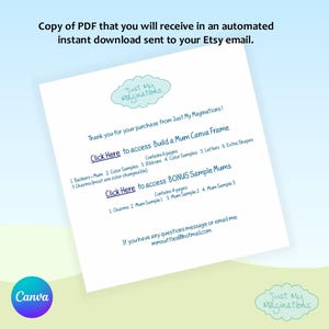 May include: A white document with text and graphics against a light blue and green background. The document includes the text "Just My Maginations" and instructions for accessing digital content, including a Canva frame and bonus samples.