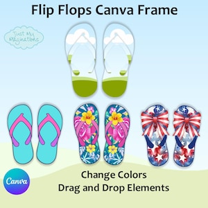 May include: A collection of colorful flip-flop designs. The image features pairs of flip-flops with various patterns, including floral, patriotic, and cloud-themed designs. Text includes "Flip Flops Canva Frame", "Change Colors", and "Drag and Drop Elements".