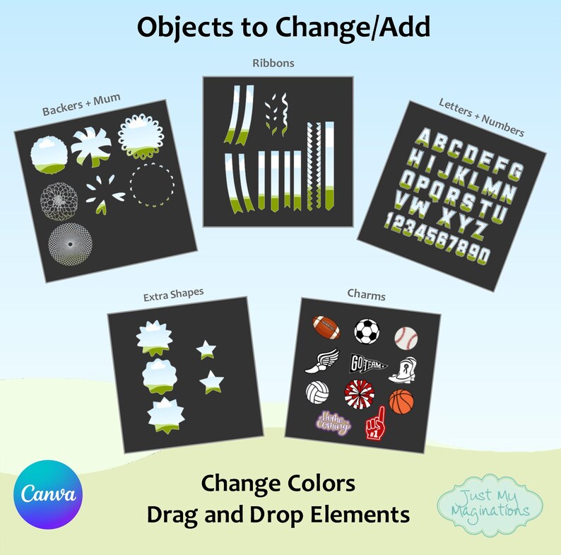 May include: A digital design graphic with the text "Objects to Change/Add". It features various design elements like ribbons, letters, numbers, shapes, and charms. The text "Change Colors" and "Drag and Drop Elements" are also included.