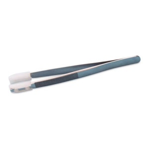 May include: A pair of silver-colored tweezers with white ceramic tips. The tweezers have a textured grip.