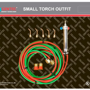 May include: A small torch outfit with a silver torch, red and green hoses, and five different sized torch tips. The torch is labeled "GENTEC" and the packaging has the text "SMALL TORCH OUTFIT".