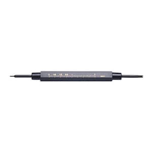 May include: A black metal watch band spring bar tool with a ruler marked in inches. The tool has two prongs on either end.