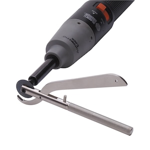 May include: A gray and black electric cutter with a silver blade and a black handle. The cutter has a black and orange button on the side. The text "AUTOMATIC LOCK" is printed on the side of the cutter. The text "ELECTRIC BREAKER" is printed on the side of the cutter.