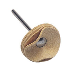 May include: A small, tan leather buffing wheel with a metal shank. The wheel is designed for use with a rotary tool.