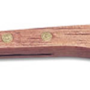 May include: A small, wooden-handled knife with a curved blade. The handle is made of light brown wood with a darker brown accent at the end. The blade is made of stainless steel and has a slight curve.