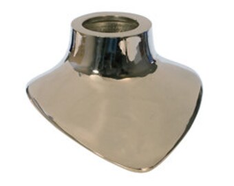 May include: A silver-colored, smooth, and sleek necklace display stand with a rounded top and a triangular base.