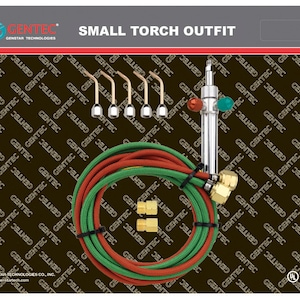 May include: A small torch outfit with the text "SMALL TORCH OUTFIT". The kit includes a torch handle, multiple torch tips, and red and green hoses. The kit also includes brass fittings. The brand name "GENTEC" is visible.