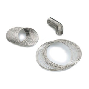 May include: Three silver-colored metal components are displayed against a white background. Two are coiled, circular shapes, and the third is a curved, tubular piece. The metal has a shiny, reflective surface.