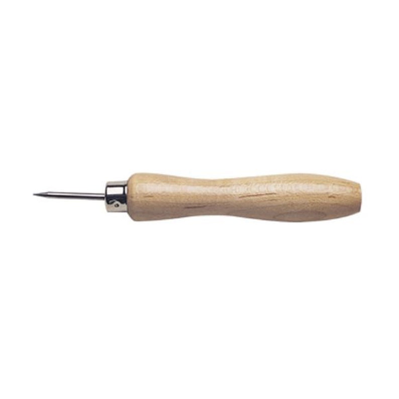 May include: A wooden-handled awl with a metal point. The awl is used for piercing holes in leather or other materials.