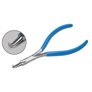 May include: Blue handled pliers with a bent tip for bending and shaping wire.