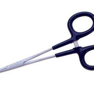 May include: A surgical hemostat with a scissor-like design. The handles are dark blue, and the jaws are silver. The tool is designed to clamp or hold small objects or tissues during medical procedures.