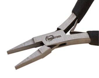 May include: Close-up of a pair of silver-toned flat nose pliers with black rubber handles. The pliers have a sharp, pointed tip and are labeled "Eurotool".