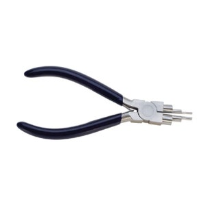 May include: A pair of silver-toned pliers with blue rubber handles. The pliers have multiple prongs on one end for opening and closing jump rings.