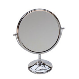 May include: A chrome-plated, round, swiveling vanity mirror with a stand.