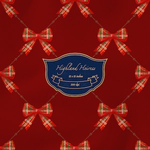 May include: A digital pattern featuring a repeating grid of red and green tartan bows connected by thin gold lines on a deep red background. A central dark blue shield-shaped label displays the text Highland Heiress 12 x 12 inches 300 dpi.