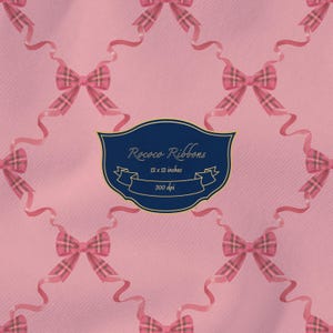 May include: A repeating pattern of pink plaid bows connected by flowing ribbons on a soft pink background. A central dark blue shield-shaped label features the text Rococo Ribbons, 12 x 12 inches, and 300 dpi in gold lettering.